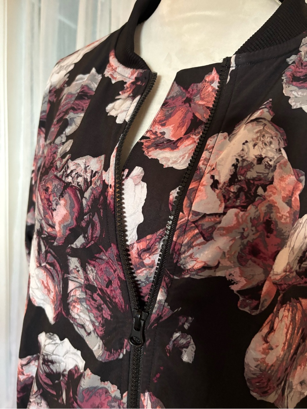 Victoria's Secret Black Floral Bomber Jacket with Pink Accents